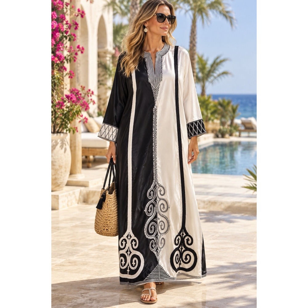 Vtg Handmade Moroccan Embroidered Caftan Maxi Dress M/L Black White Heavyweight